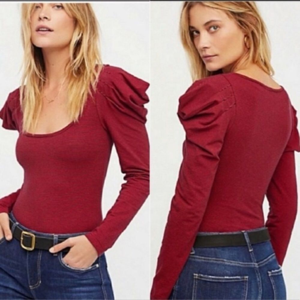 Free People Penelope Puff Sleeve Top XS Burgundy